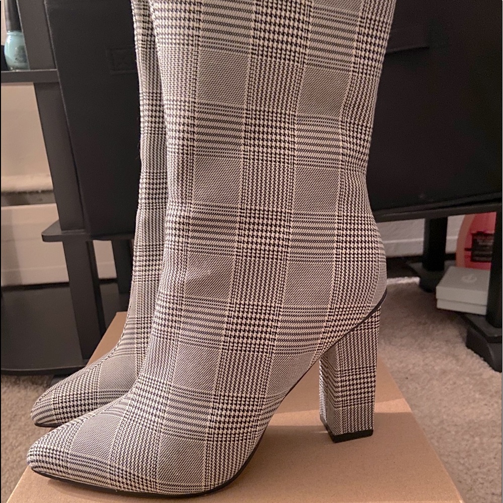 Black & White Plaid 4in Heel Booties